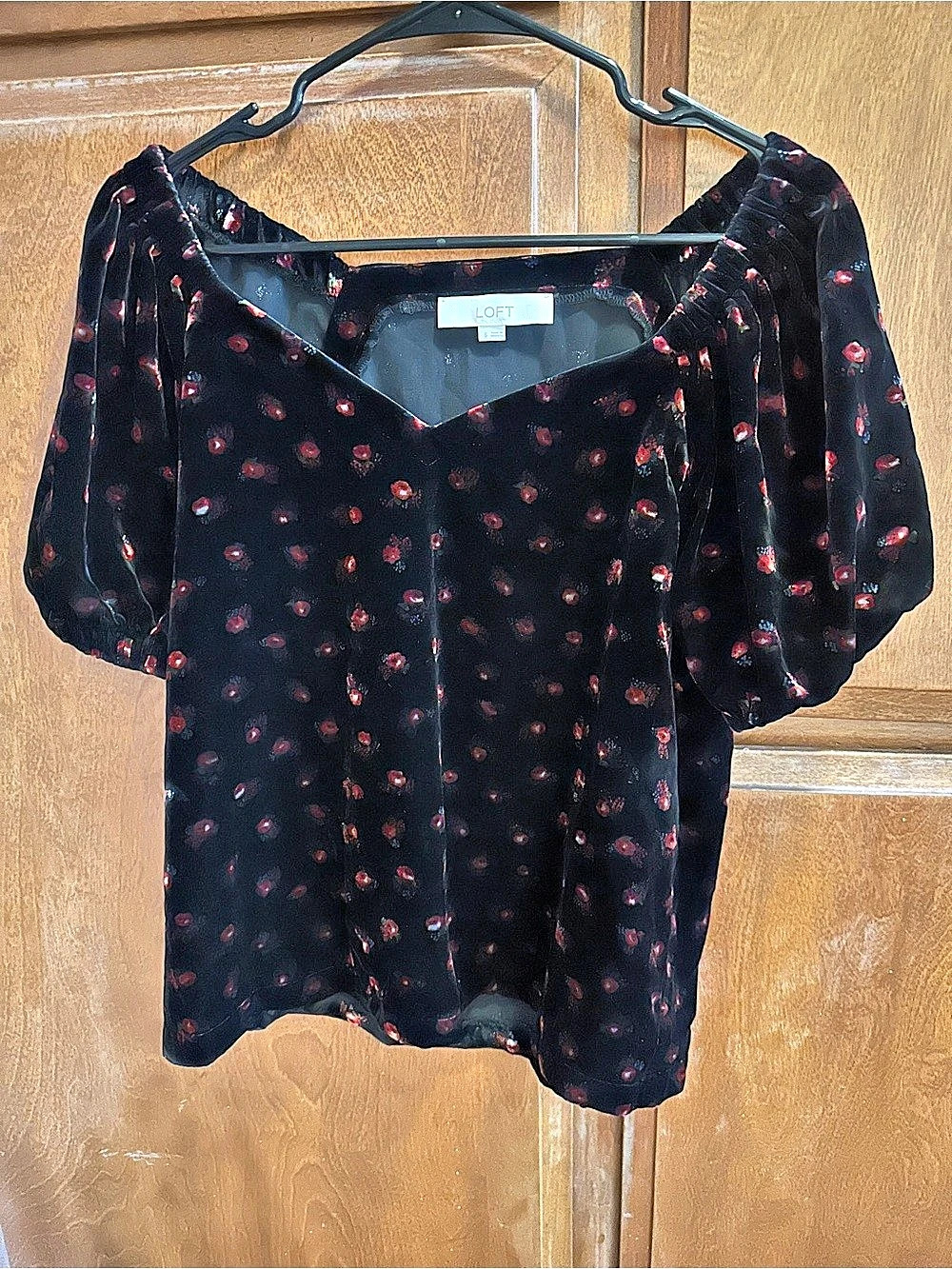 LOFT Floral Velvet Puff Sleeve Top in Black & Red